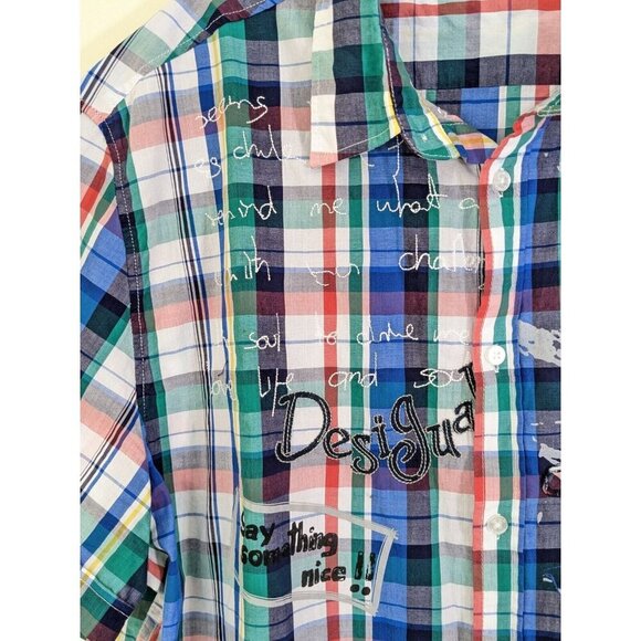 Desigual Art To Wear Button Up Shirt Mens XXL Blue Plaid Cotton Short Sleeve - Picture 4 of 11